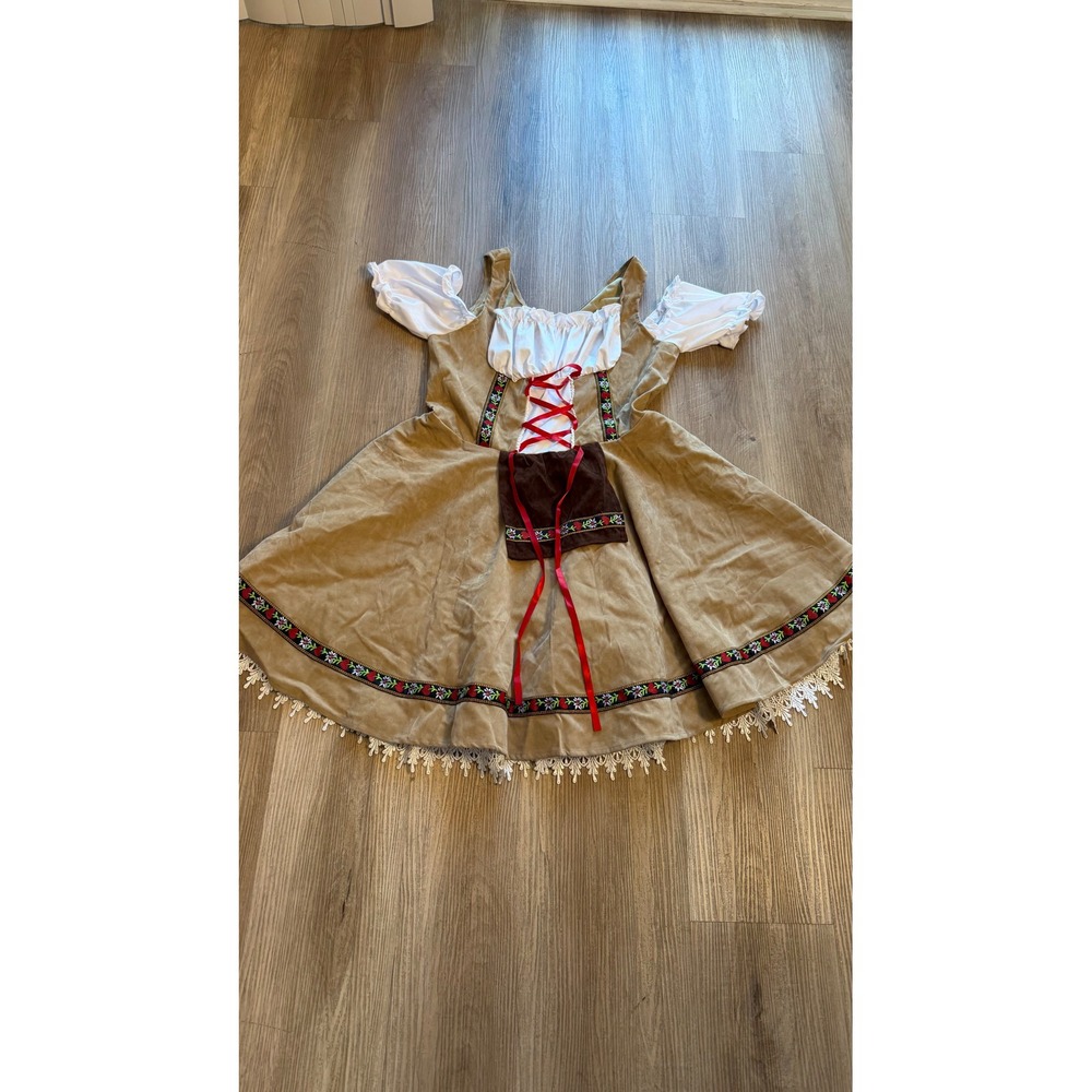 Tan Faux Suede Oktoberfest Dirndl Costume Dress Floral Trim Lace Hem L- see phot